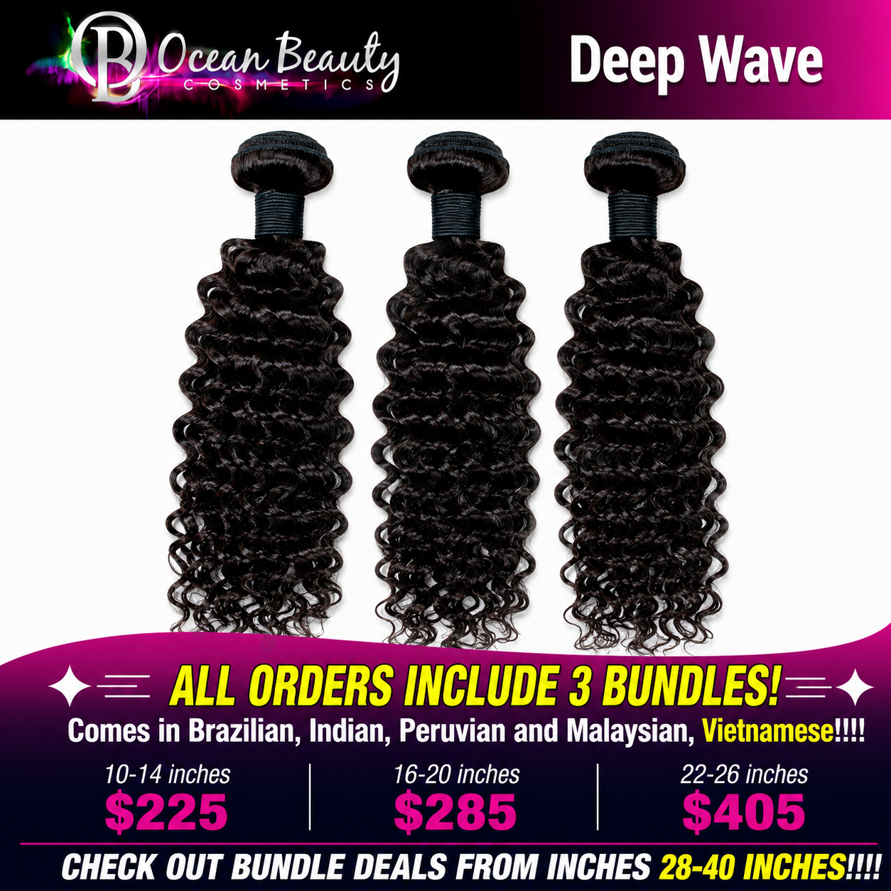 Ocean Beauty Deep Wave three-bundle virgin human hair deal