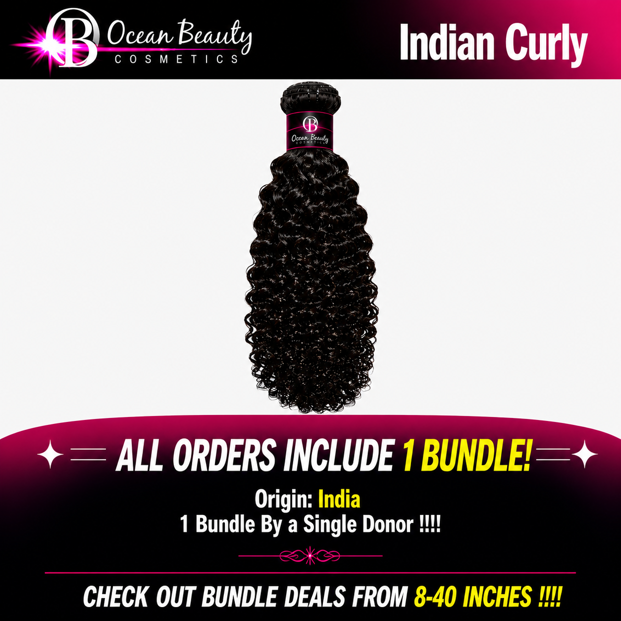 Indian Curly Virgin Human Hair Bundle by Ocean Beauty Cosmetics in multiple lengths.