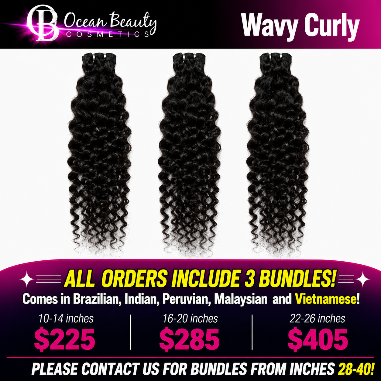 Three bundles of wavy curly hair extensions displayed side-by-side on a white background, with promotional text for Ocean Beauty Cosmetics and pricing for different inch lengths.