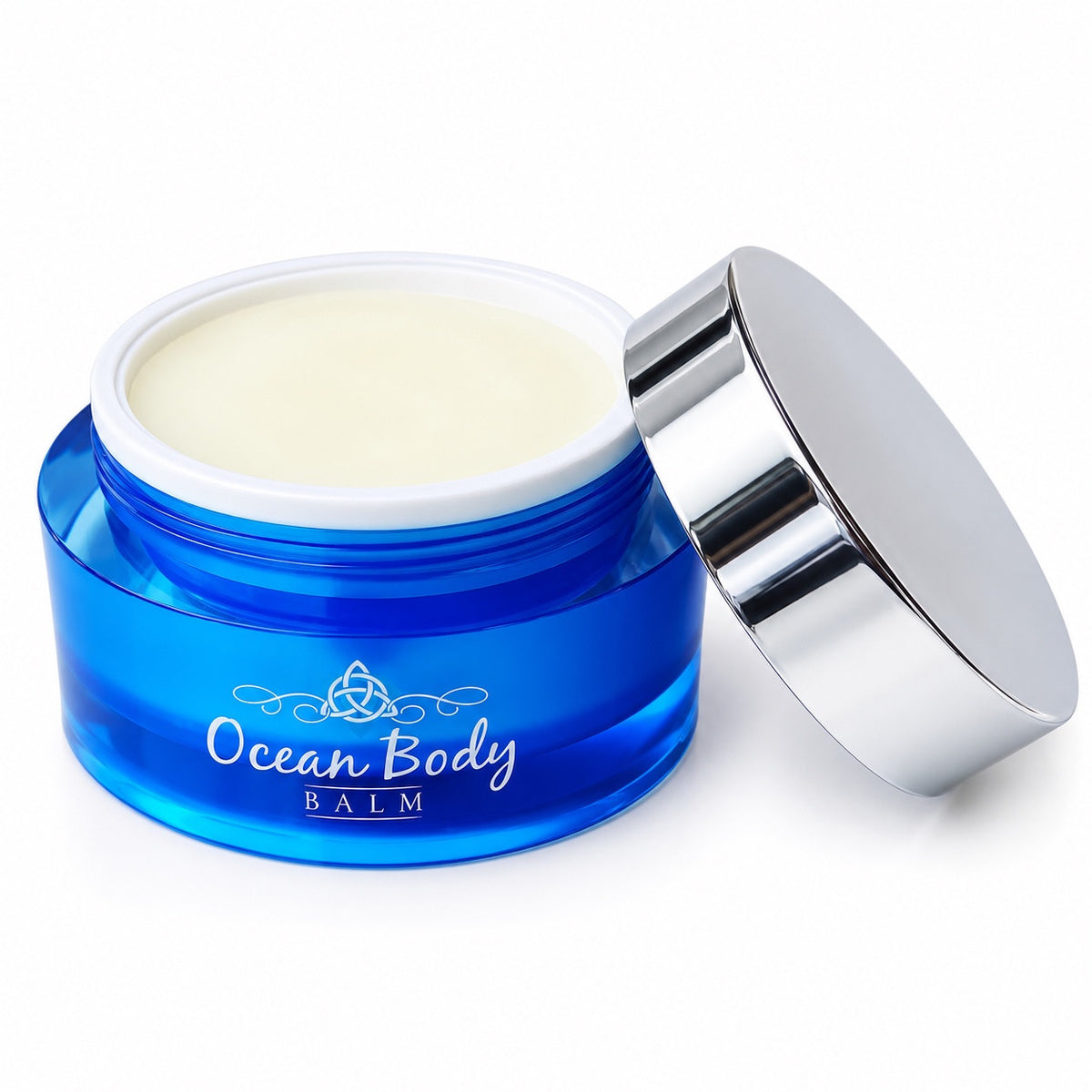 Open blue Ocean Body Balm jar with silver lid