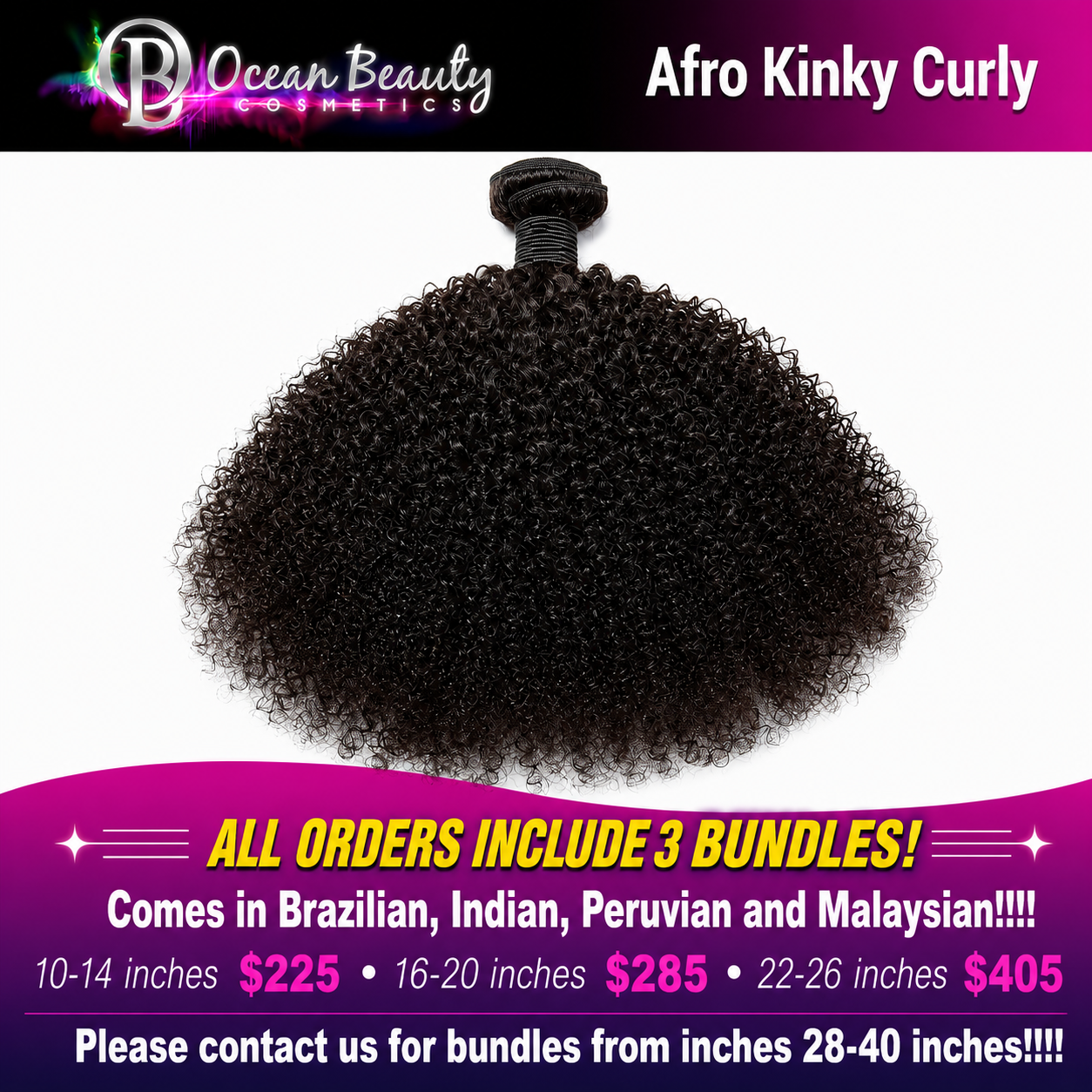 Ocean Beauty Afro Kinky Curly three-bundle virgin human hair deal