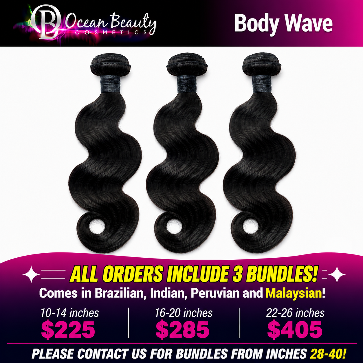 Three bundles of black body wave hair extensions displayed against a white background, with promotional text for Ocean Beauty Cosmetics and pricing for different inch lengths.