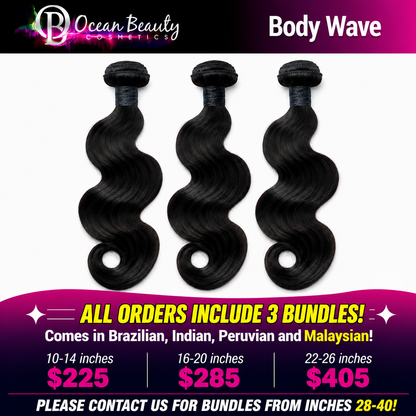 Three bundles of black body wave hair extensions displayed against a white background, with promotional text for Ocean Beauty Cosmetics and pricing for different inch lengths.