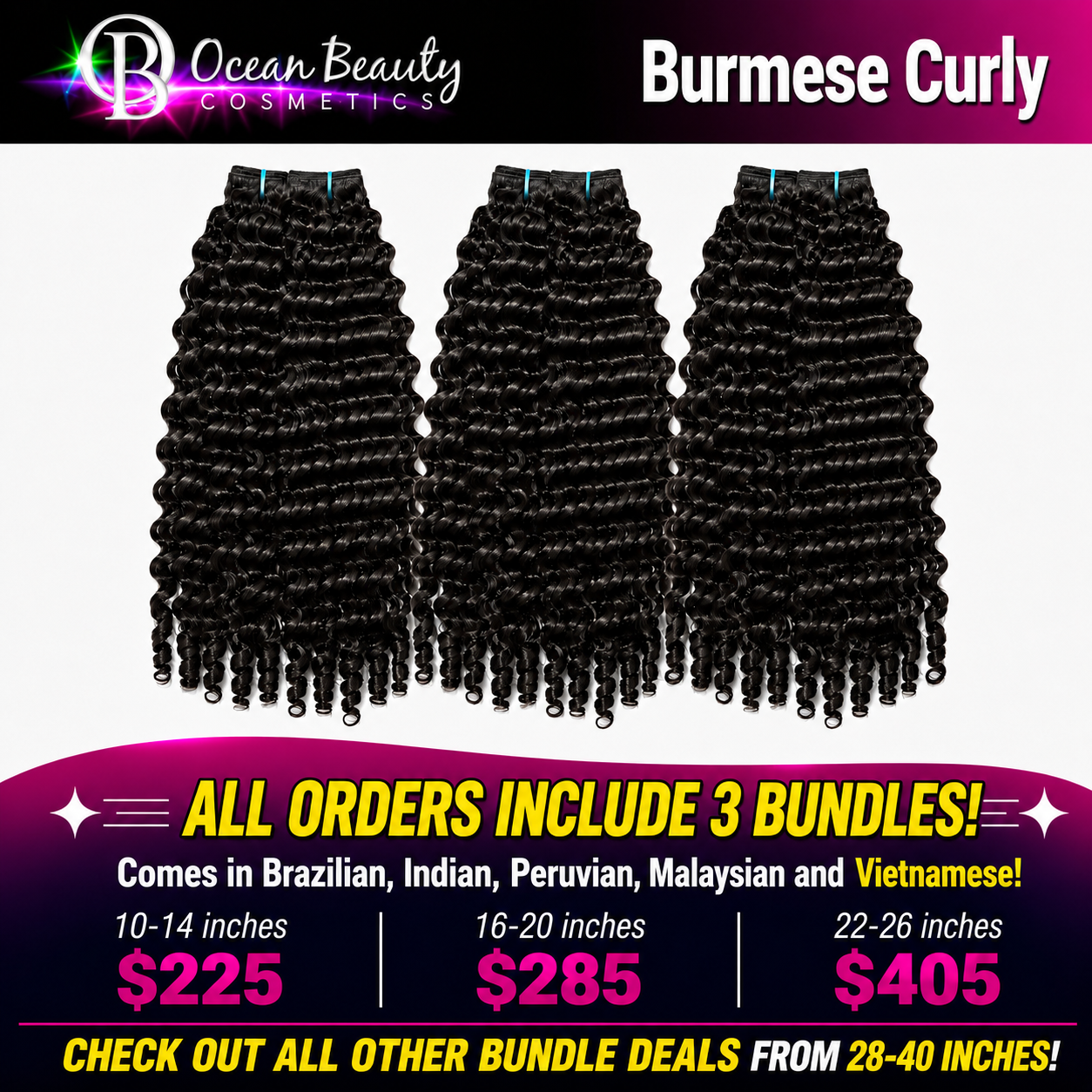 Ocean Beauty Burmese Bouncy Curly three-bundle virgin human hair deal