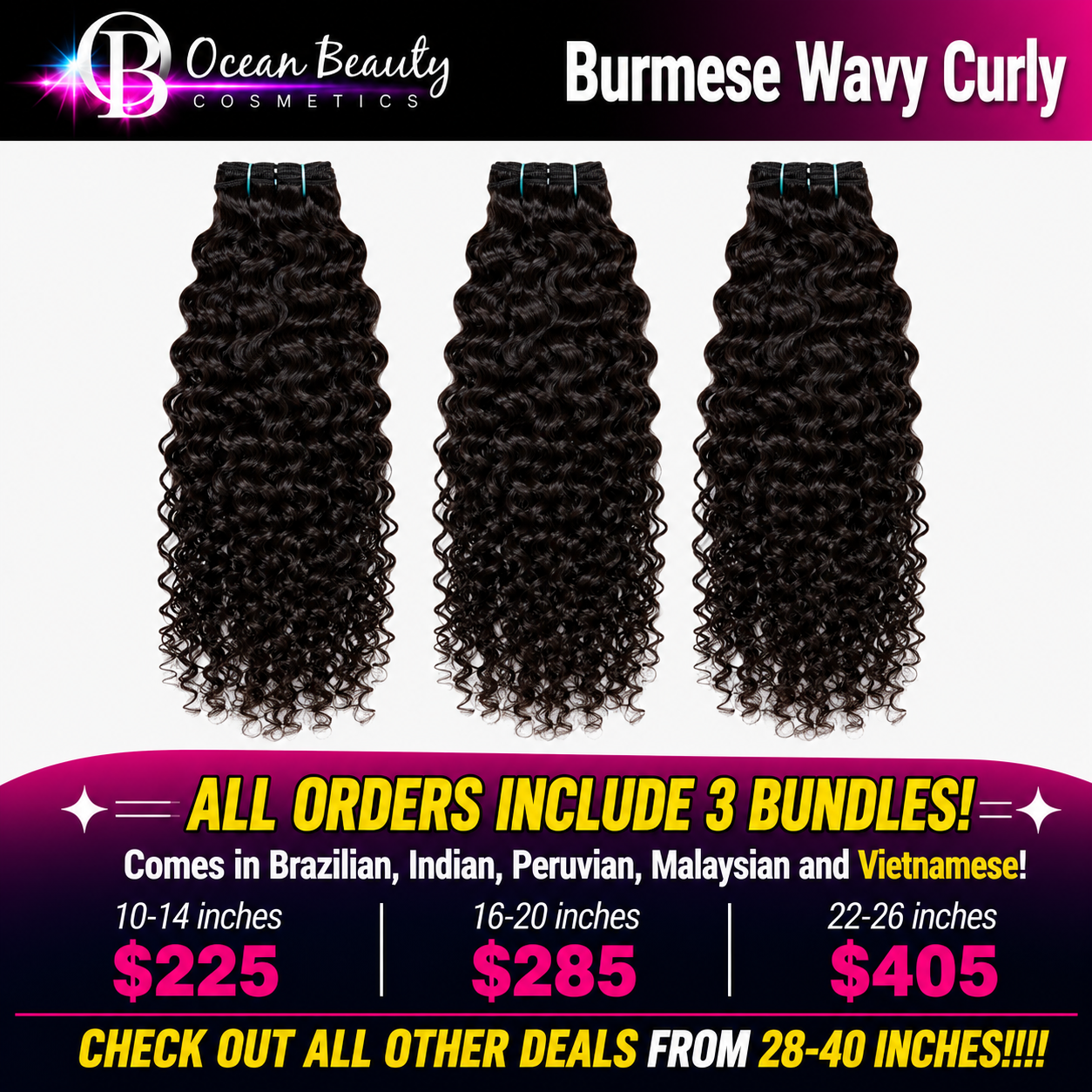Ocean Beauty Burmese Wavy Curly three-bundle virgin human hair deal