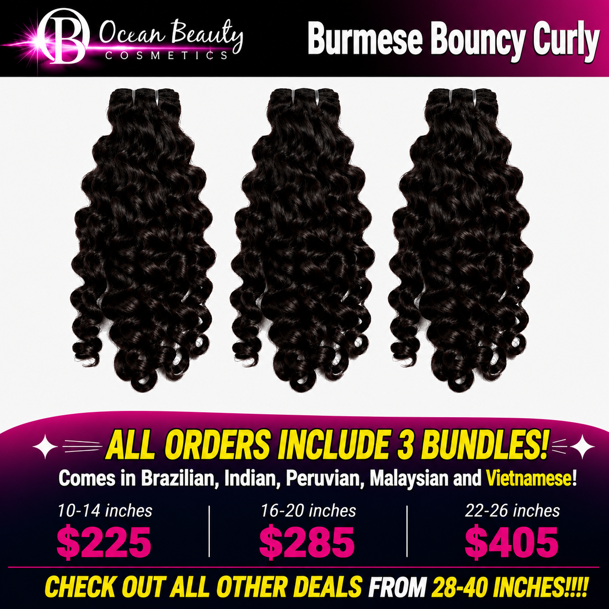 Three bundles of dark brown to black curly wig extensions displayed against a white background, with promotional text for Ocean Beauty Cosmetics and pricing for different curl lengths.