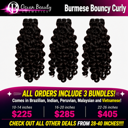 Three bundles of dark brown to black curly wig extensions displayed against a white background, with promotional text for Ocean Beauty Cosmetics and pricing for different curl lengths.