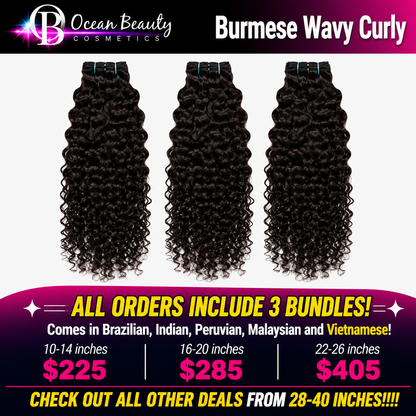 Three bundles of dark brown to black curly hair extensions displayed side-by-side on a white background, with promotional text for Ocean Beauty Cosmetics and pricing details.