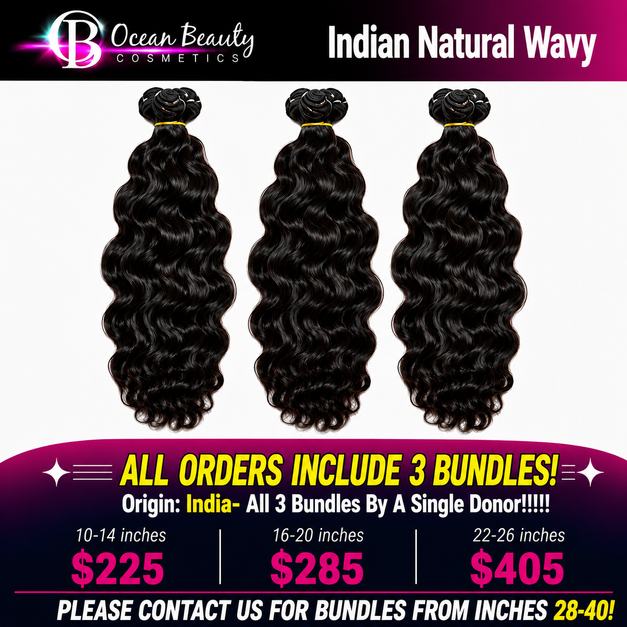 Three bundles of Ocean Beauty Cosmetics Indian Natural Wavy hair extensions displayed on a white background with promotional pricing and bundle information at the bottom.