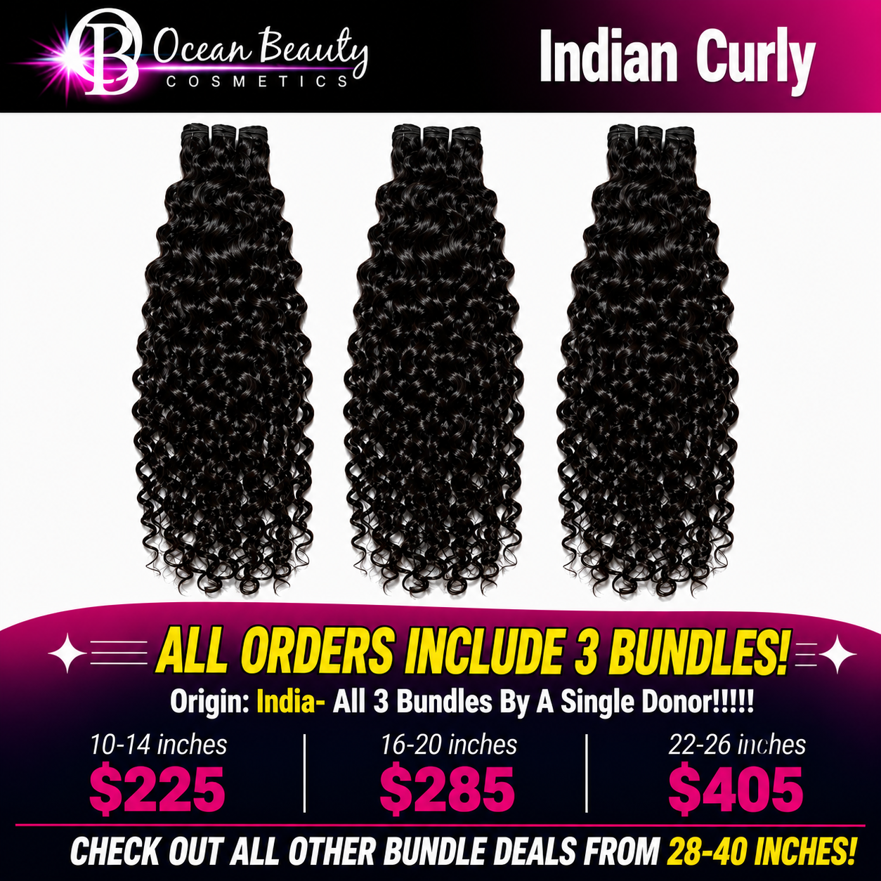 Three bundles of black Indian curly hair extensions displayed on a white background, with promotional text for Ocean Beauty Cosmetics and pricing for different bundle lengths.