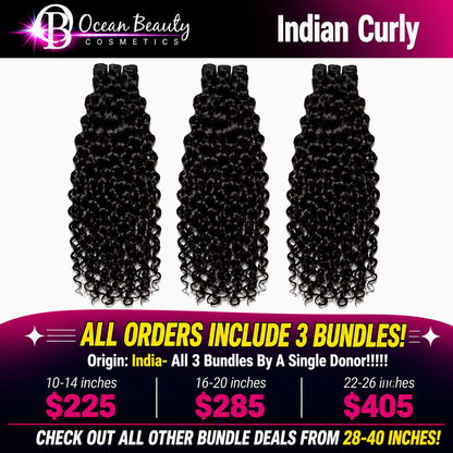 Three bundles of black Indian curly hair extensions displayed on a white background, with promotional text for Ocean Beauty Cosmetics and pricing for different bundle lengths.