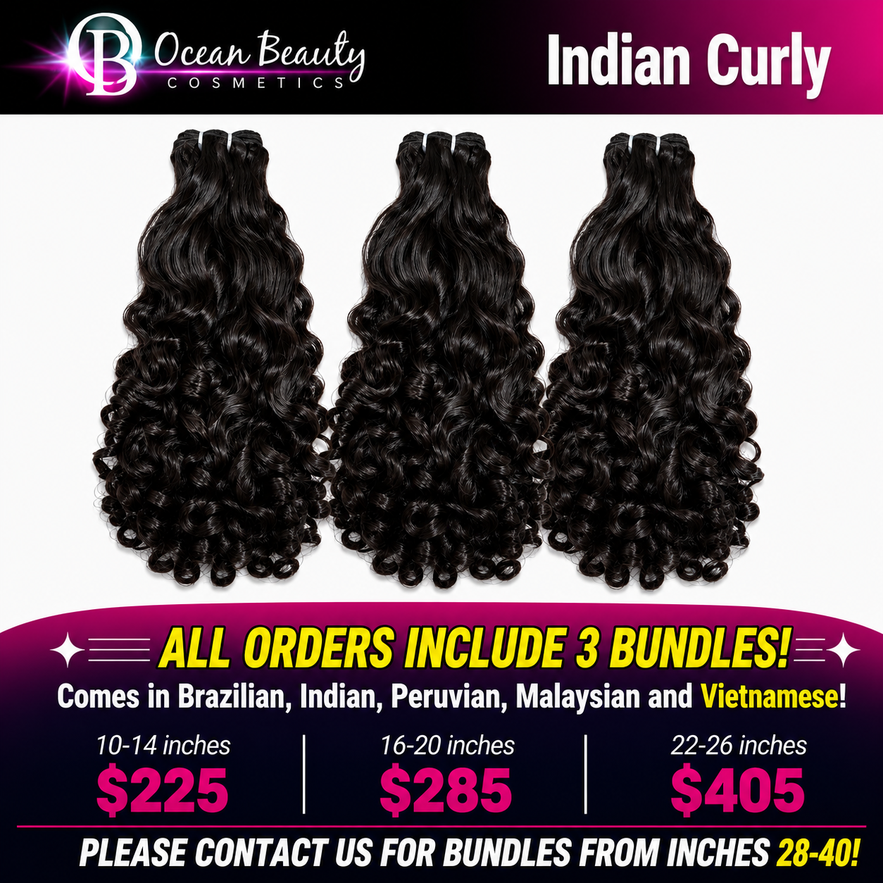 Three bundles of black Indian curly wig hair extensions displayed against a white background, with promotional text for Ocean Beauty Cosmetics and pricing by length.