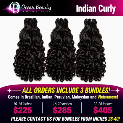 Three bundles of black Indian curly wig hair extensions displayed against a white background, with promotional text for Ocean Beauty Cosmetics and pricing by length.