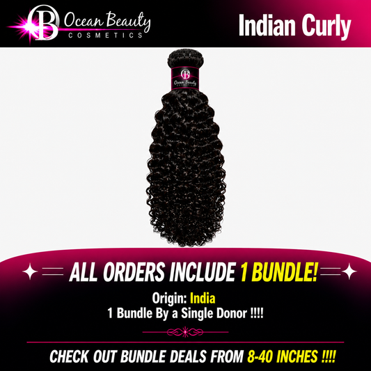 Indian Curly Virgin Human Hair Bundle by Ocean Beauty Cosmetics in multiple lengths.