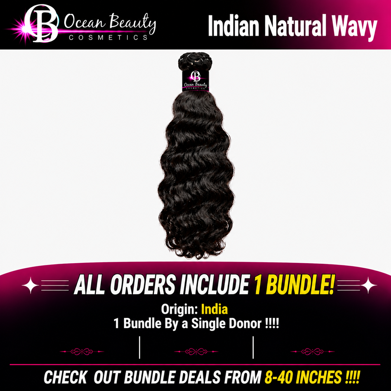 Indian Natural Wavy Virgin Human Hair Bundle by Ocean Beauty Cosmetics