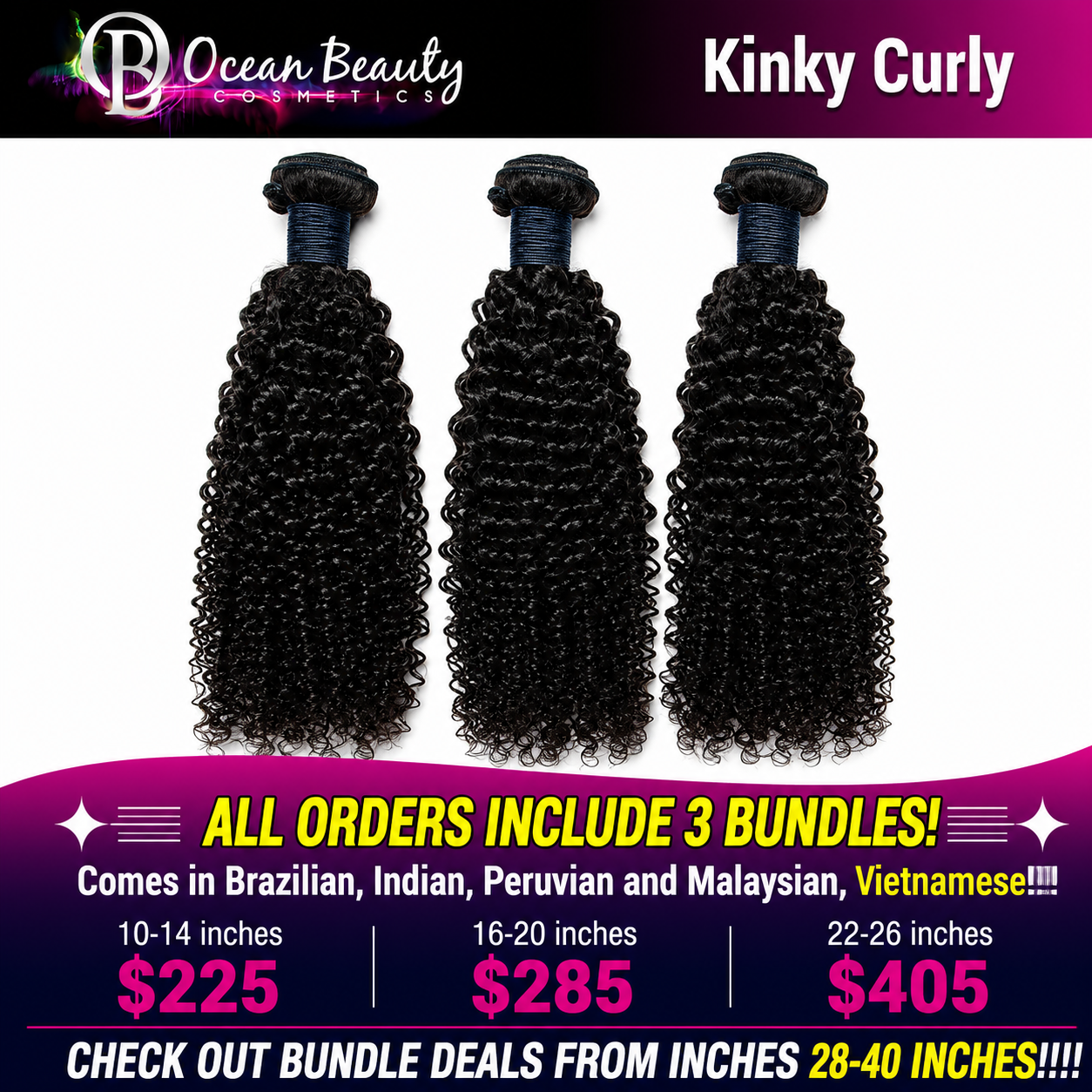 Ocean Beauty Kinky Curly three-bundle virgin human hair deal