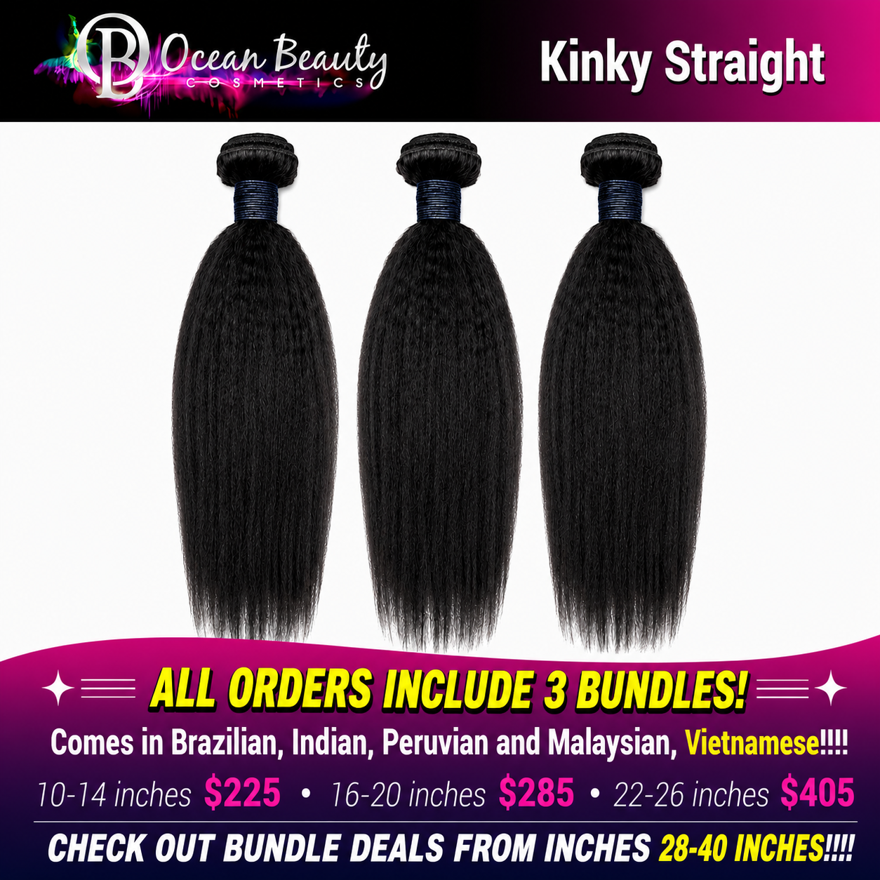 Ocean Beauty Kinky Straight three-bundle virgin human hair deal