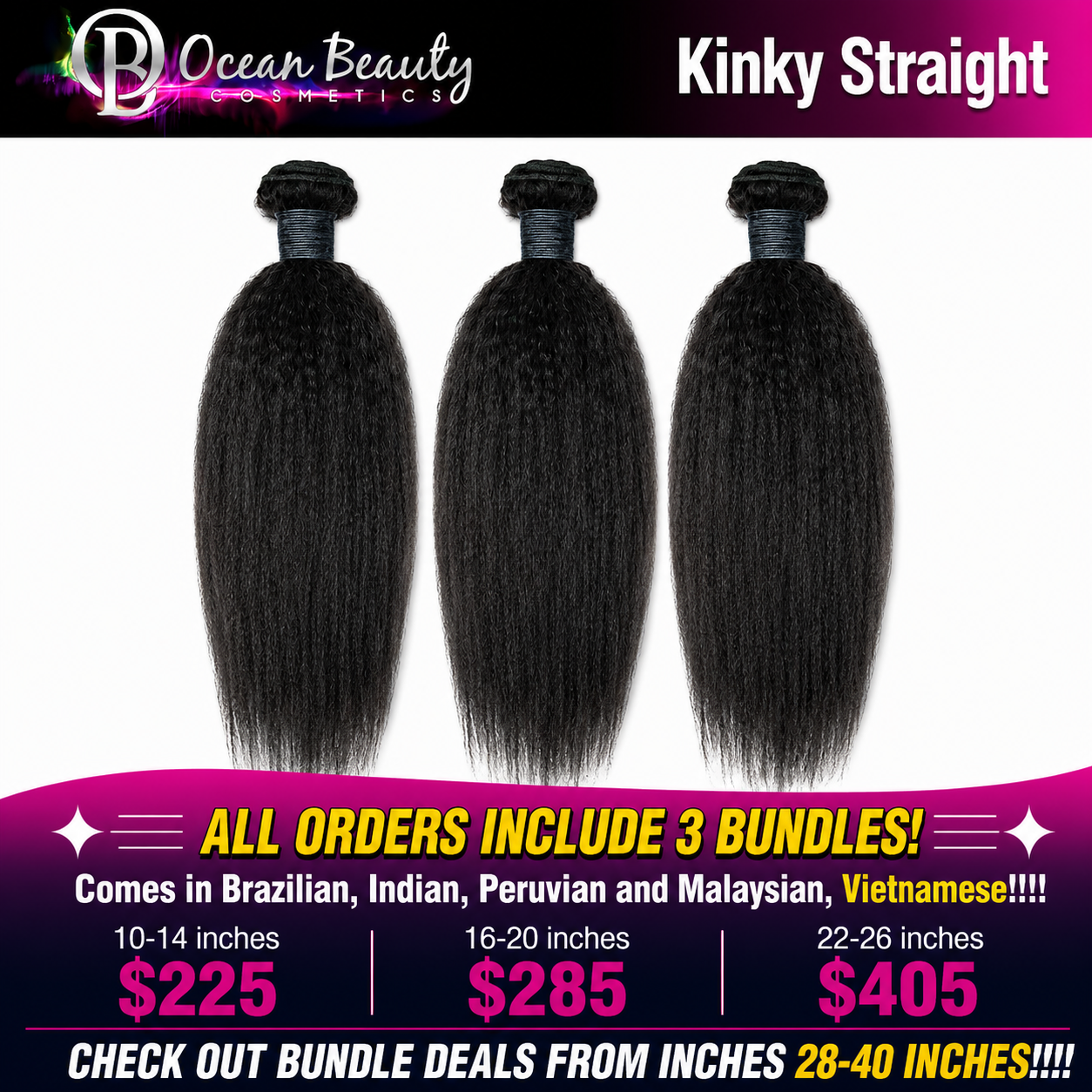 Three bundles of straight black hair extensions displayed side by side on a white background, with promotional text for Ocean Beauty Cosmetics and bundle prices by length.