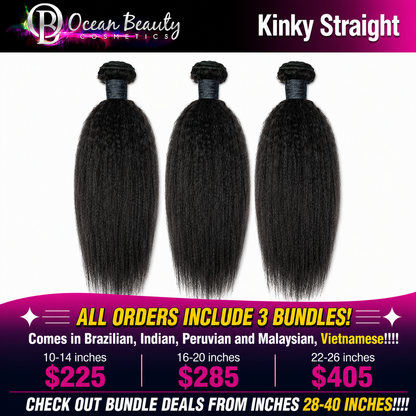 Three bundles of straight black hair extensions displayed side by side on a white background, with promotional text for Ocean Beauty Cosmetics and bundle prices by length.