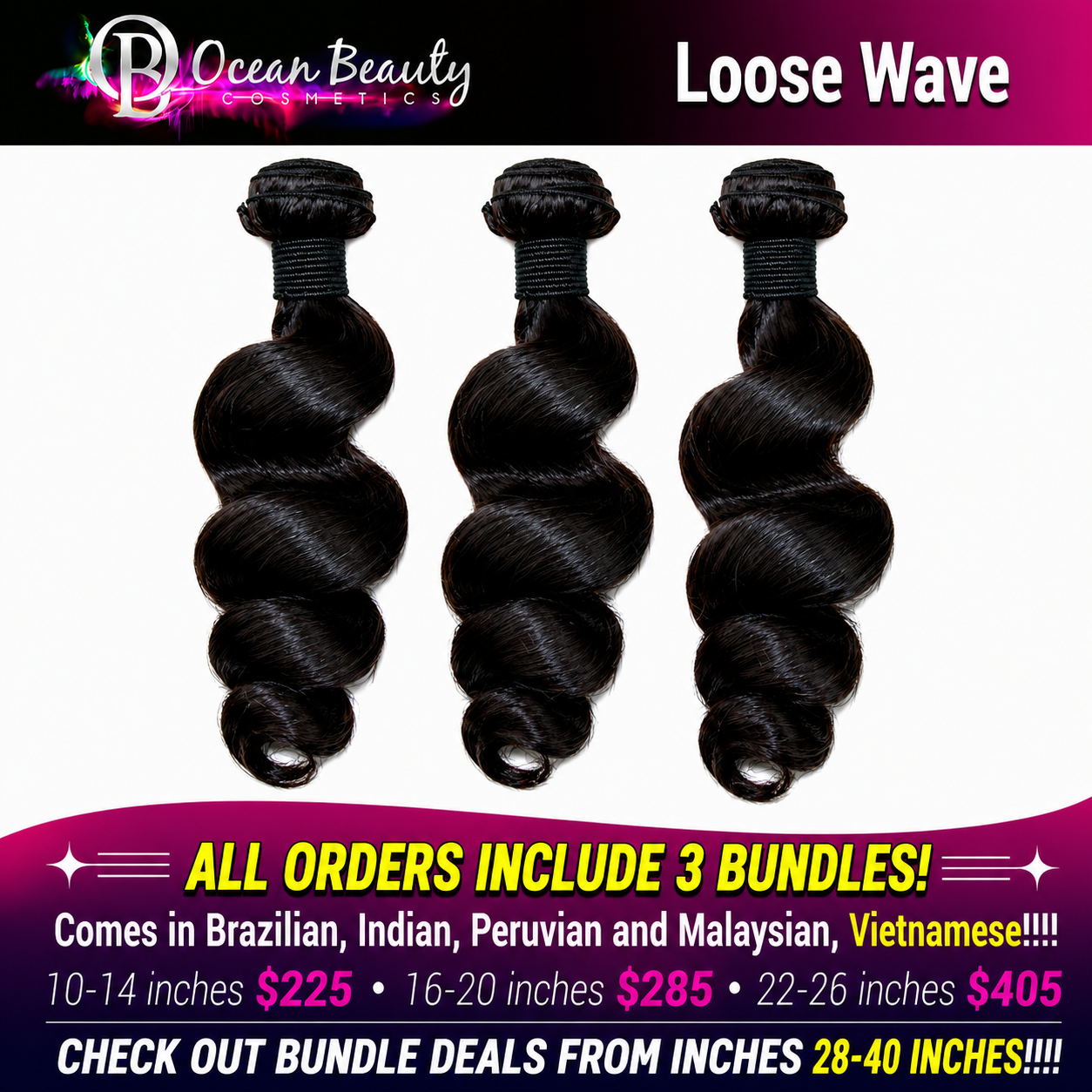 Ocean Beauty Loose Wave three-bundle virgin human hair deal