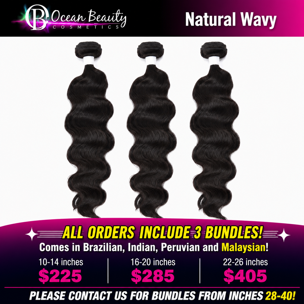 Three bundles of black body wave hair extensions displayed against a white background, with promotional text for Ocean Beauty Cosmetics and pricing details for different inch lengths.