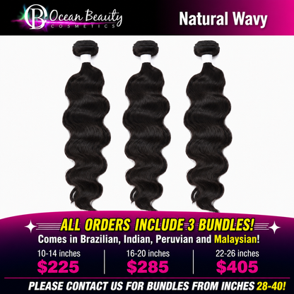 Three bundles of black body wave hair extensions displayed against a white background, with promotional text for Ocean Beauty Cosmetics and pricing details for different inch lengths.