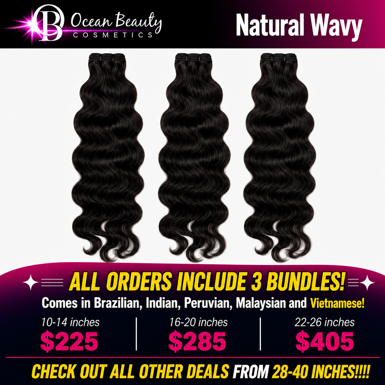 Three bundles of black wavy hair extensions displayed against a white background, with promotional text for Ocean Beauty Cosmetics and pricing for different lengths.