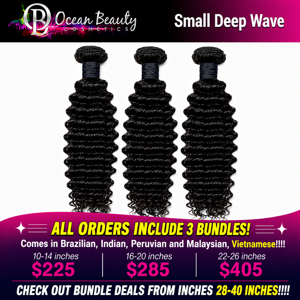 Ocean Beauty Small Deep Wave three-bundle virgin human hair deal