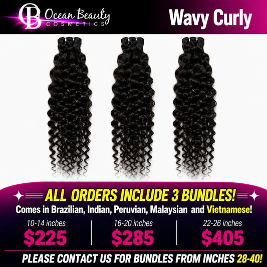 Three bundles of wavy curly hair extensions displayed side-by-side on a white background, with promotional text for Ocean Beauty Cosmetics and pricing for different inch lengths.