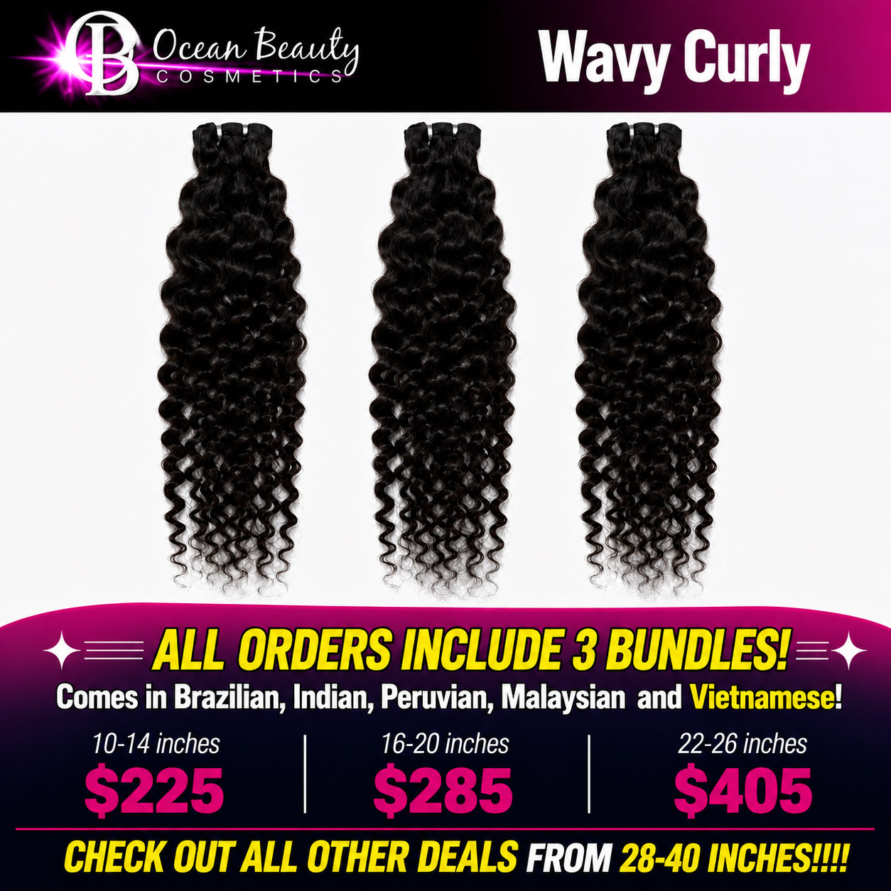 Three bundles of wavy curly human hair extensions displayed on a white background, with promotional text for Ocean Beauty Cosmetics and pricing for different lengths.