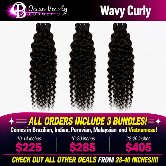 Three bundles of wavy curly human hair extensions displayed on a white background, with promotional text for Ocean Beauty Cosmetics and pricing for different lengths.